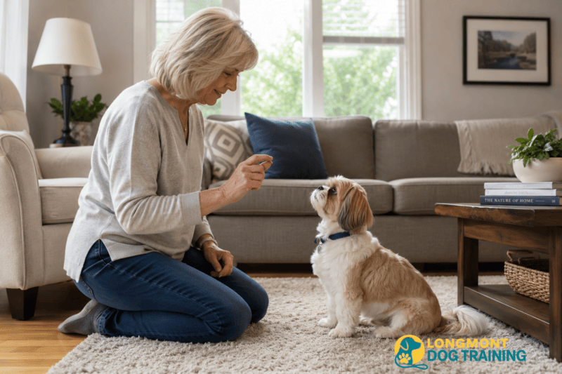 Older woman working with her dog during an in-home dog training session in Longmont, Colorado