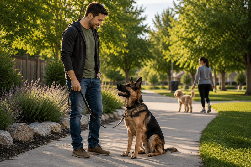 German Shepherd practicing calm behavior around distractions during reactive dog training in Longmont, Colorado